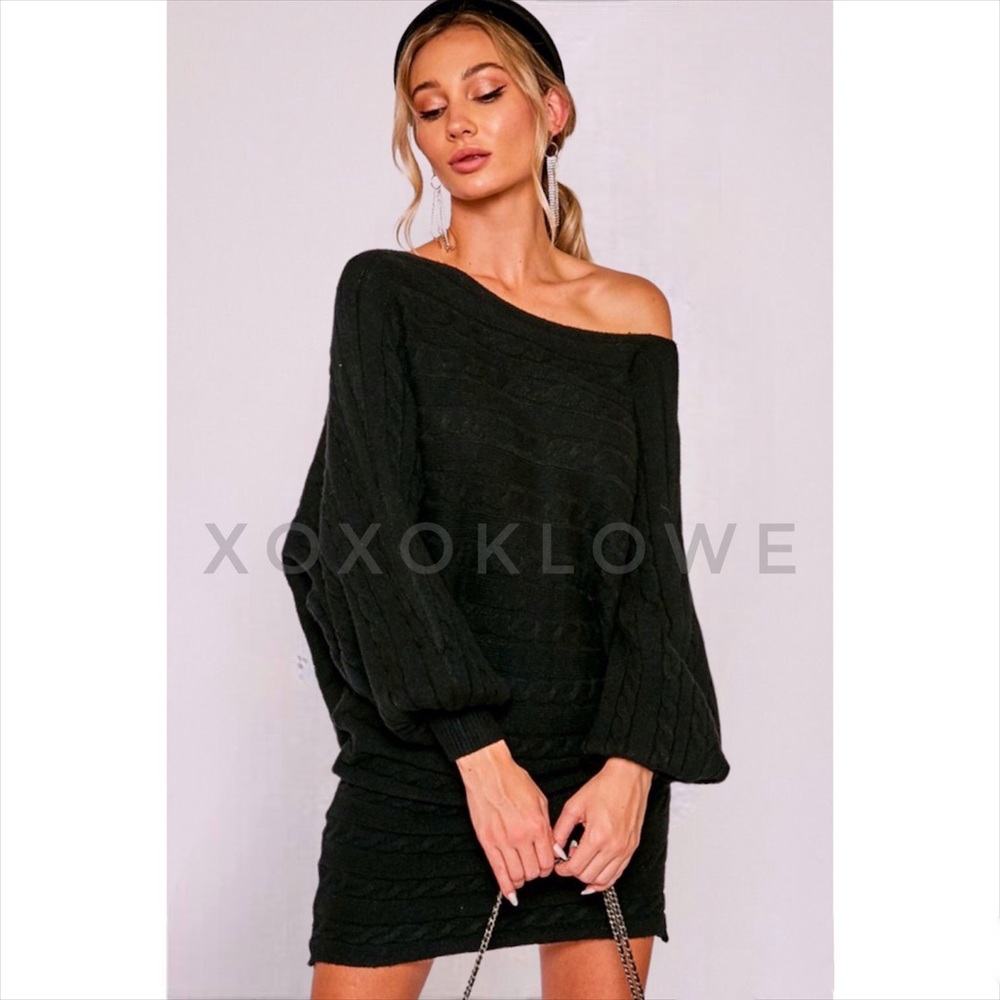 Black Soft Cable Knit Sweater Dress